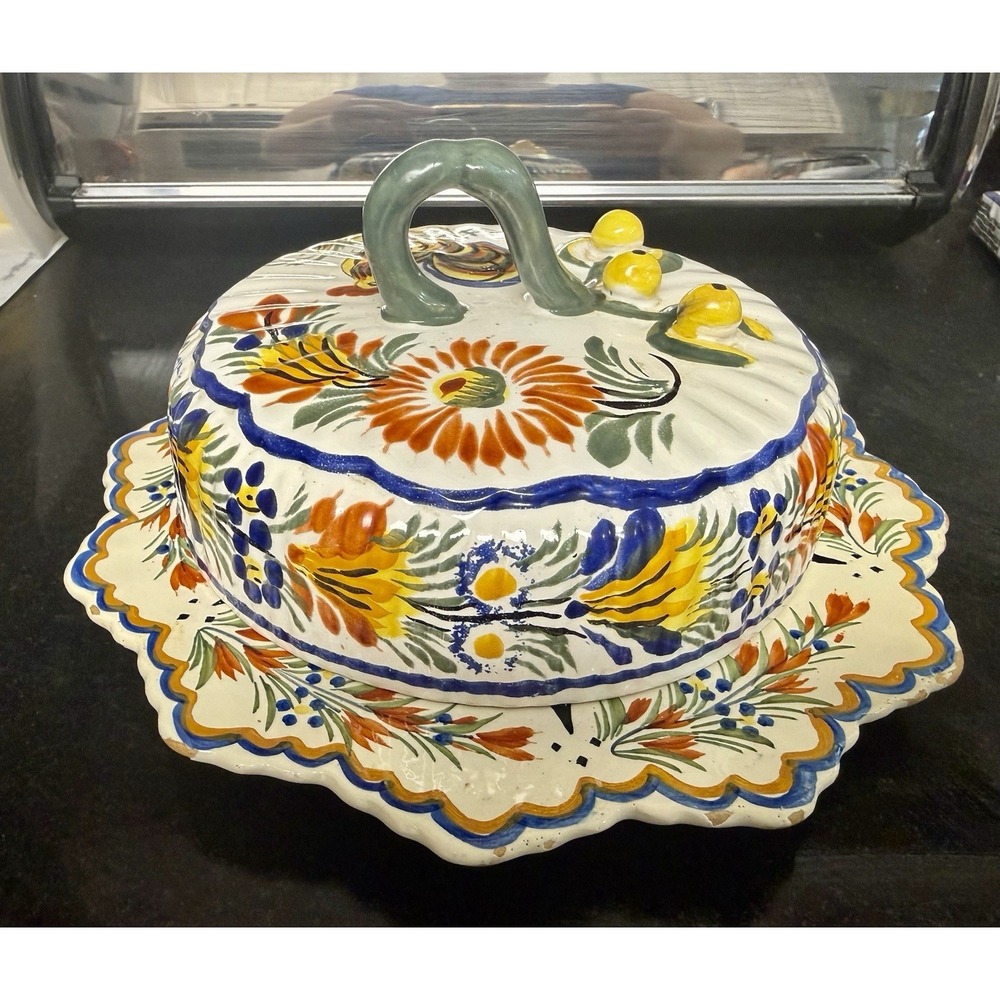 Vintage Henriot Quimper France 116 Rooster Covered Cheese Dish Platter Signed